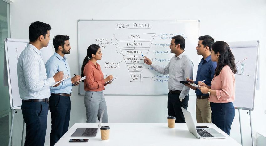 A photo of a sales team in a workshop setting analyzing a whiteboard with a sales funnel diagram