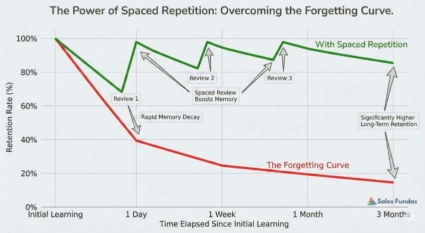 A graph showing the 'Forgetting Curve' vs 'Spaced Repetition' retention rates