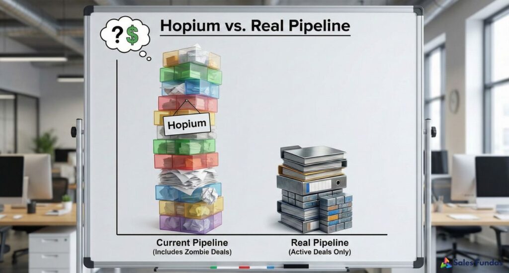 Comparison chart showing inflated sales pipeline vs actual qualified opportunities