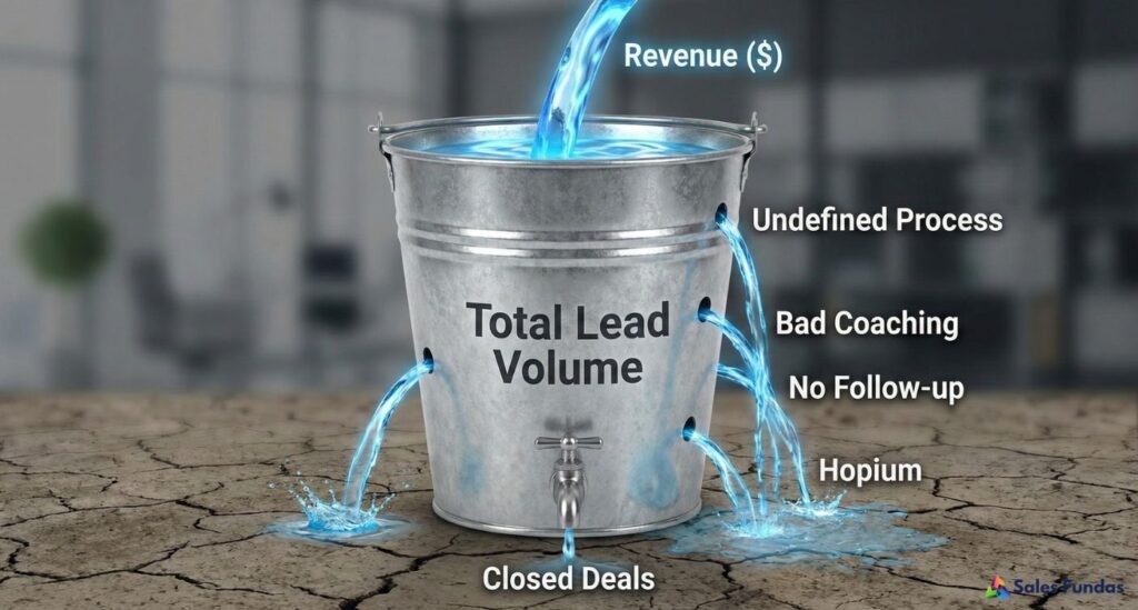 Diagram showing common B2B sales process leaks causing revenue loss for startups