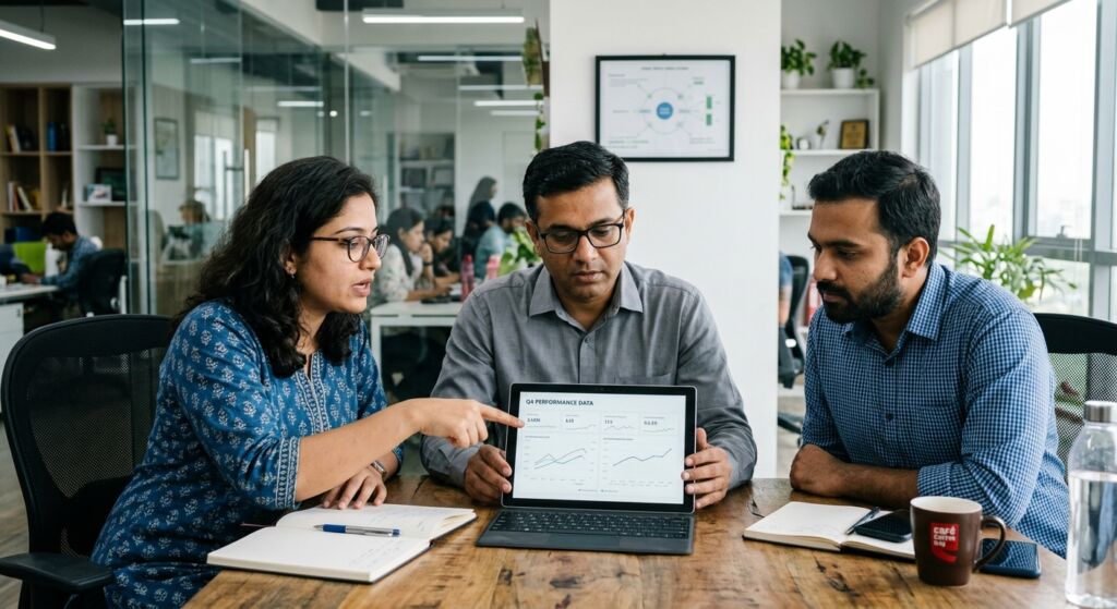 Indian B2B founder reviewing Q1 sales pipeline and budget allocation