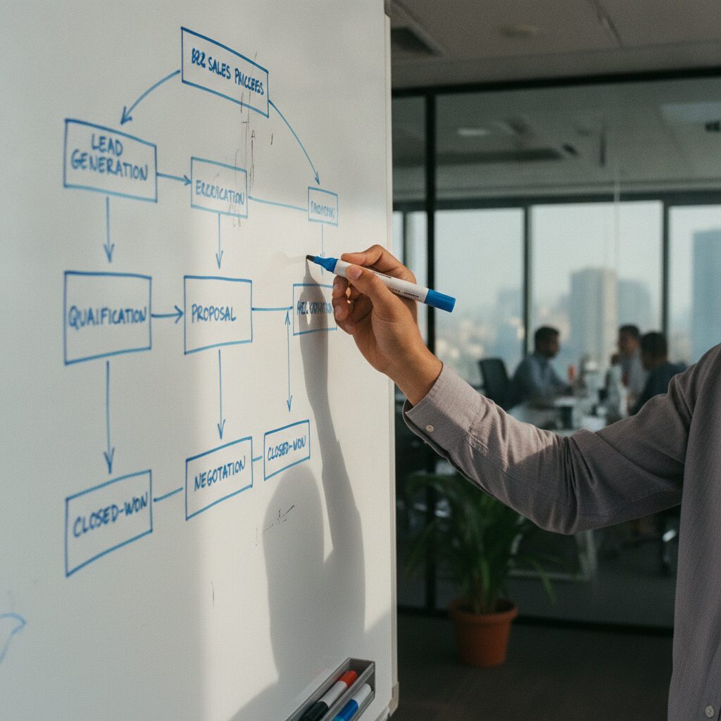 Sales manager reviewing a founder-dependent B2B pipeline in a Mumbai office
