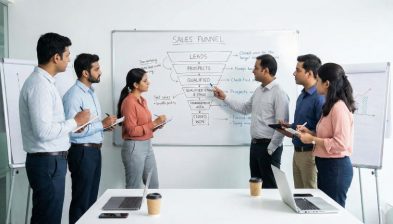 A photo of a sales team in a workshop setting analyzing a whiteboard with a sales funnel diagram